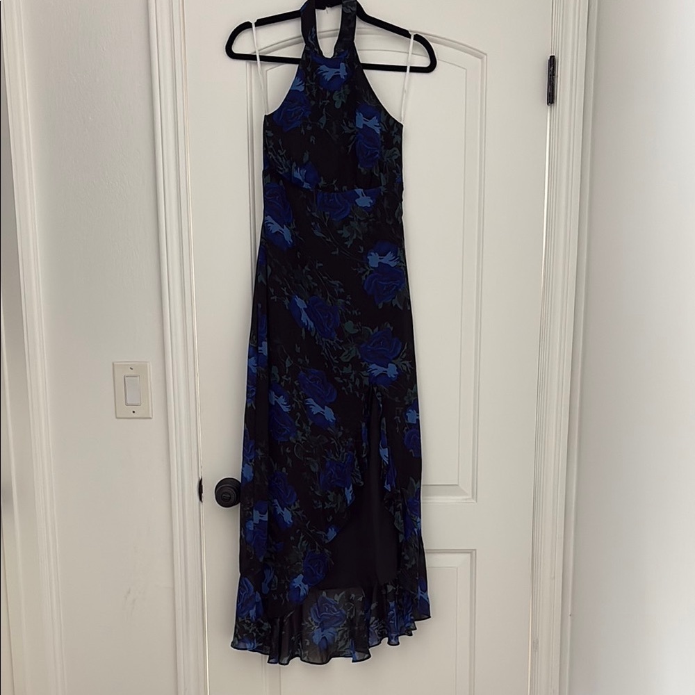 Elegant Blue Floral Halter Dress